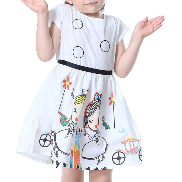 Kid Girls Short Sleeve Cartoon Character Printed Dress - White 110