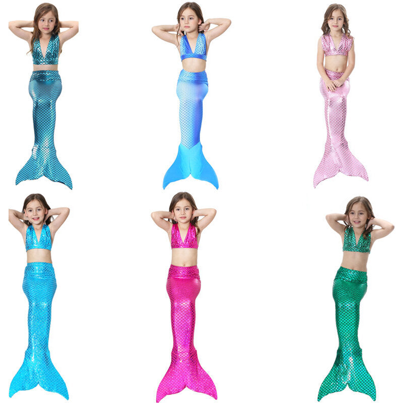 Kids Mermaid Tail Three-Piece Set Girls Swimwear Lace-up Bikini