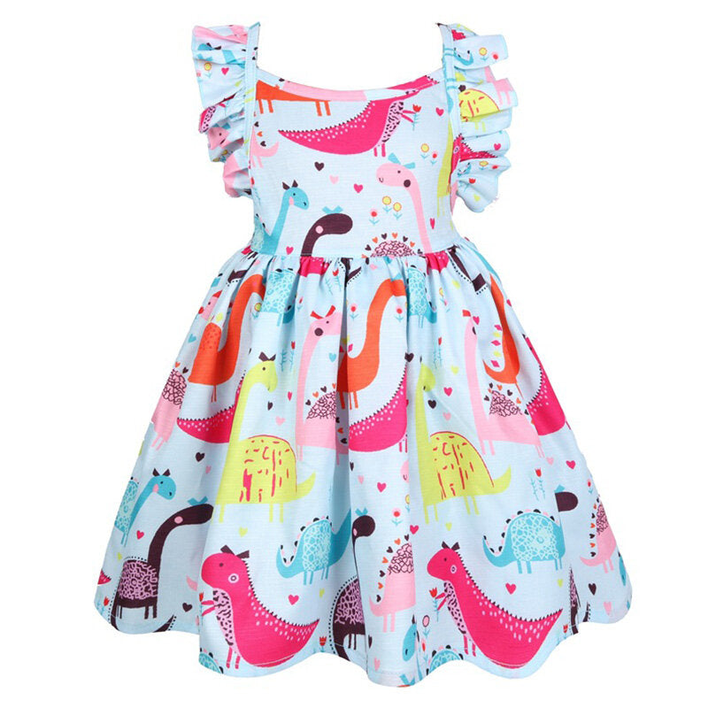 Summer Clothing Cartoon Dinosaur Printed Cotton Sleeveless Girls Dress - White 4-5 Y