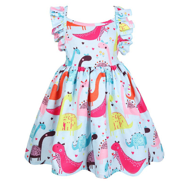 Summer Clothing Cartoon Dinosaur Printed Cotton Sleeveless Girls Dress - White 4-5 Y
