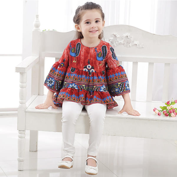 Kid Girls Peacock Printed Round Neck Bell-Sleeve Tops - Red 140