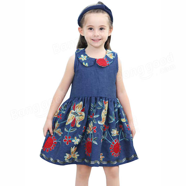 Baby Kid Girls Floral Embroidered Sleeveless Denim Dress - Blue 130