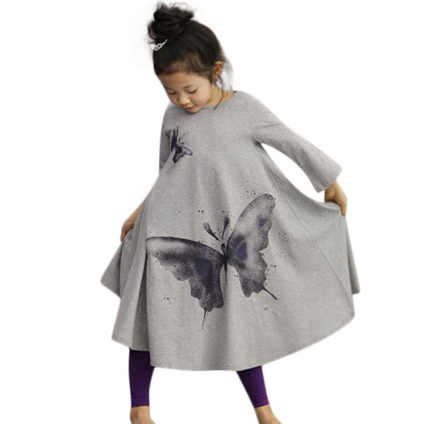 Kid Girls Butterfly Printed Long Sleeve Dress - Pink 110
