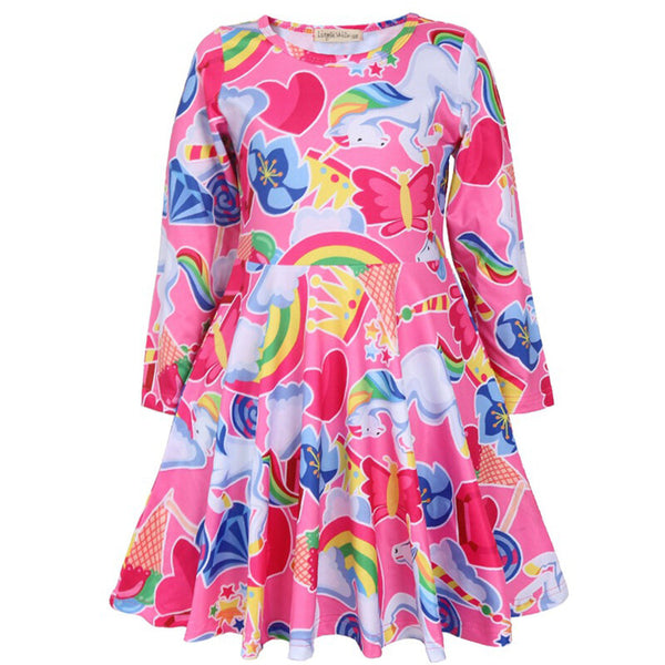 Kids Clothing Unicorn Printed Long Sleeve Casual Girls Pleated Dress - Pink 14