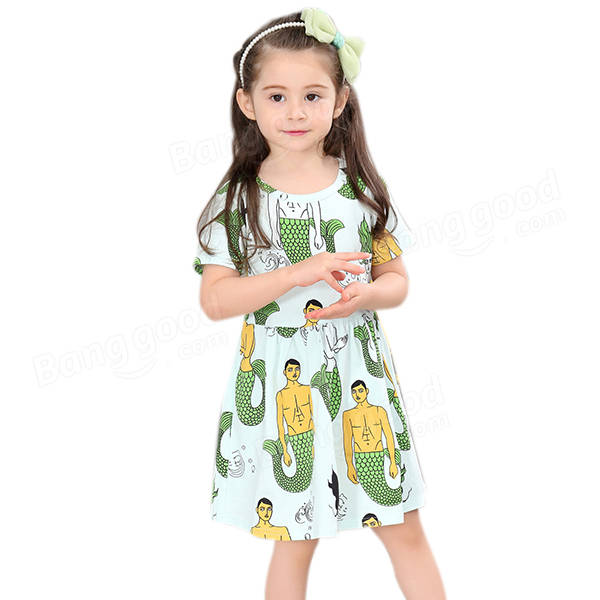 Kid Girls Short Sleeve Cartoon Mermaid Printed Dress - Green 110