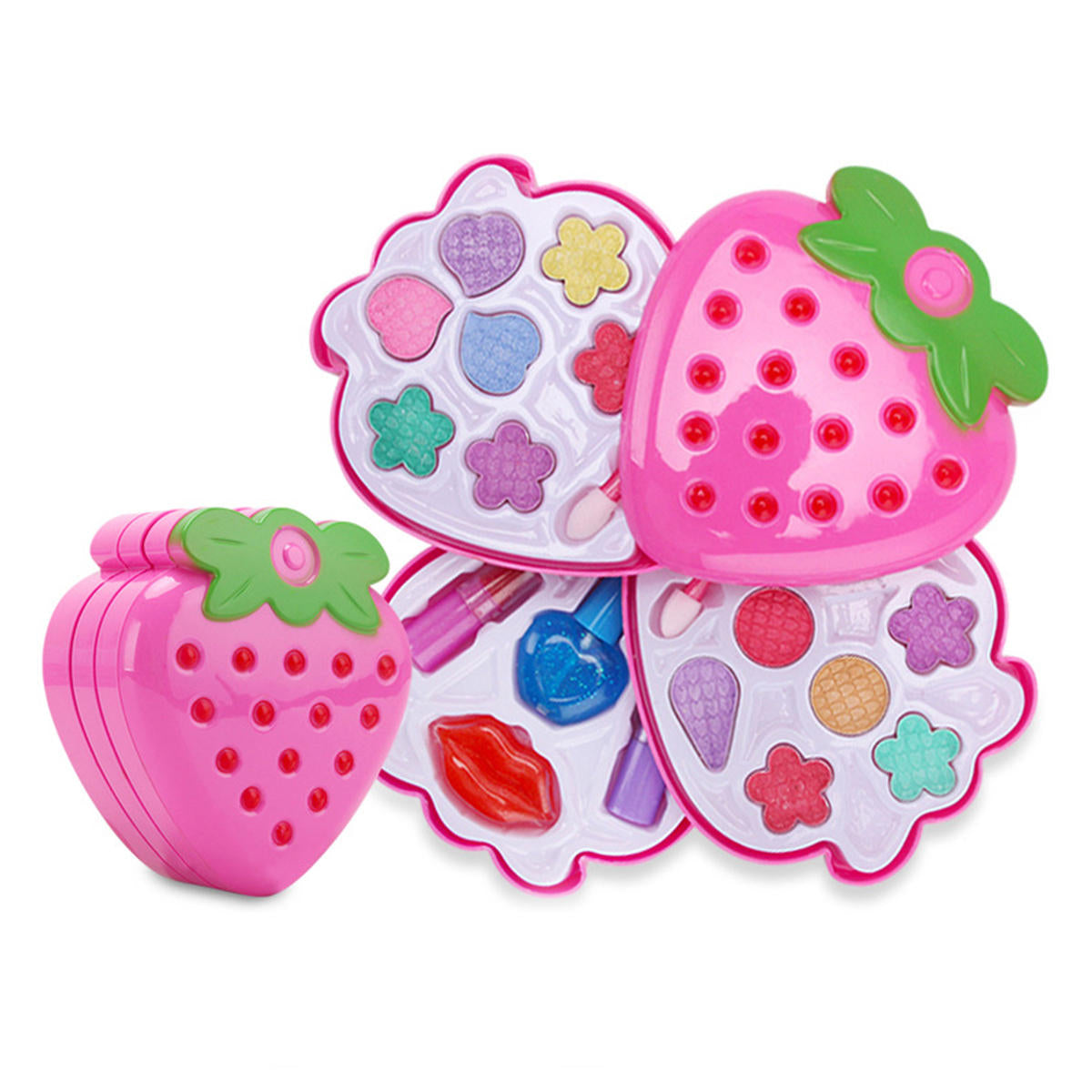 Kids Strawberry Cosmetic Princess Makeup Set Kit Eyeshadow Lip Gloss Blushes Girl Toys - 3 Layers