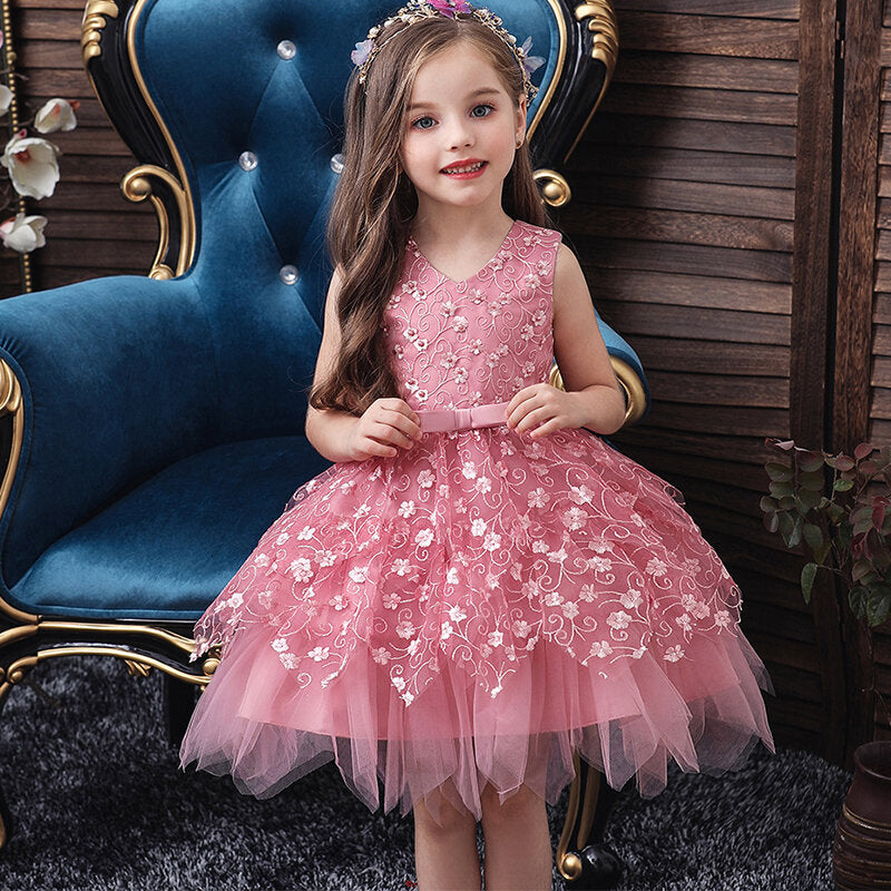 Girls Embroidery Mesh Sleeveless Bowknot Irregular Hem Party Dress - White 1-2 Y