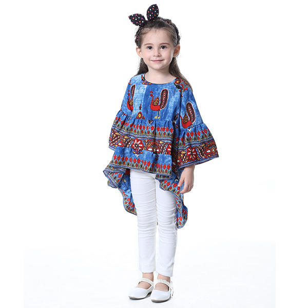 Kid Girls Peacock Printed Round Neck Bell-Sleeve Tops - Red 140