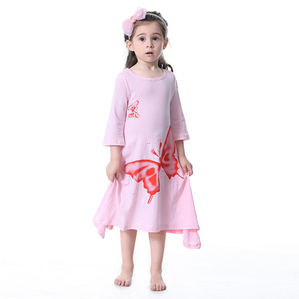 Kid Girls Butterfly Printed Long Sleeve Dress - Pink 110