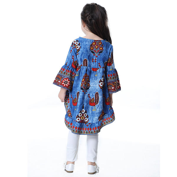 Kid Girls Peacock Printed Round Neck Bell-Sleeve Tops - Red 140