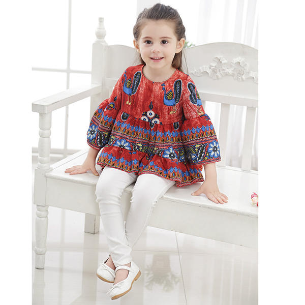 Kid Girls Peacock Printed Round Neck Bell-Sleeve Tops - Red 140