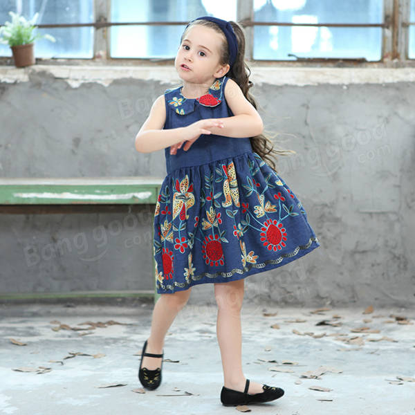 Baby Kid Girls Floral Embroidered Sleeveless Denim Dress - Blue 130