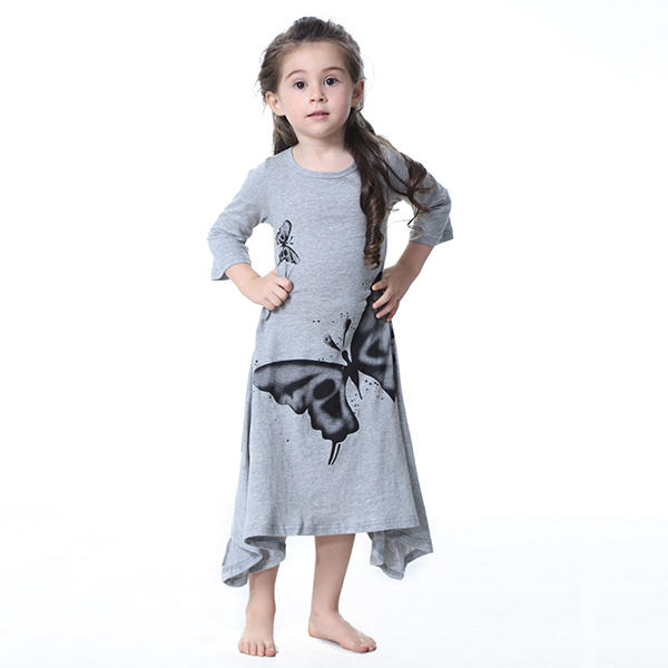 Kid Girls Butterfly Printed Long Sleeve Dress - Pink 110