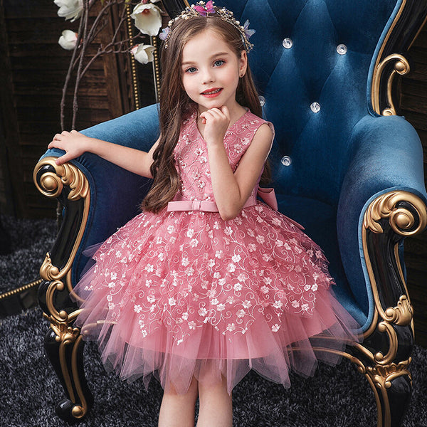 Girls Embroidery Mesh Sleeveless Bowknot Irregular Hem Party Dress - White 1-2 Y