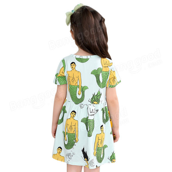 Kid Girls Short Sleeve Cartoon Mermaid Printed Dress - Green 110