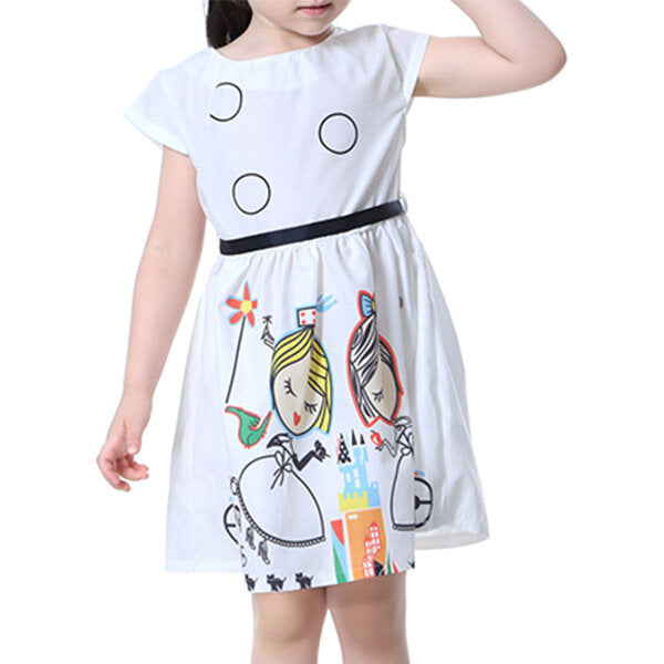 Kid Girls Short Sleeve Cartoon Character Printed Dress - White 110