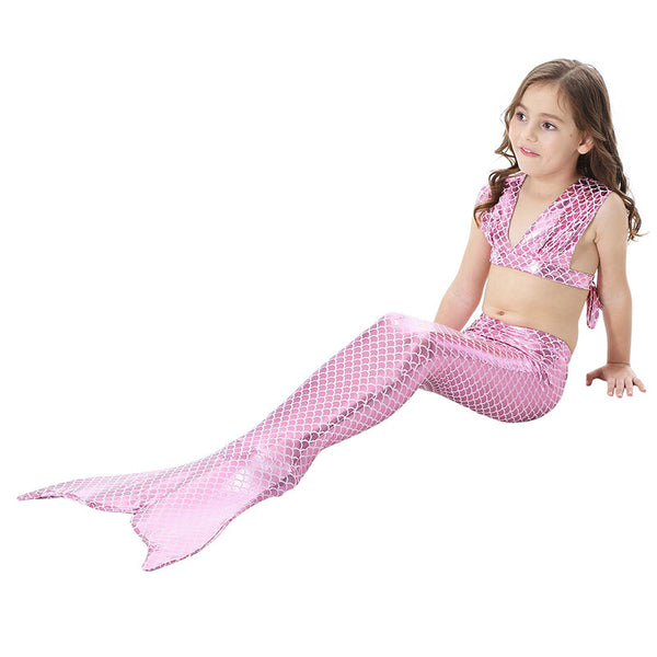 Kids Mermaid Tail Three-Piece Set Girls Swimwear Lace-up Bikini