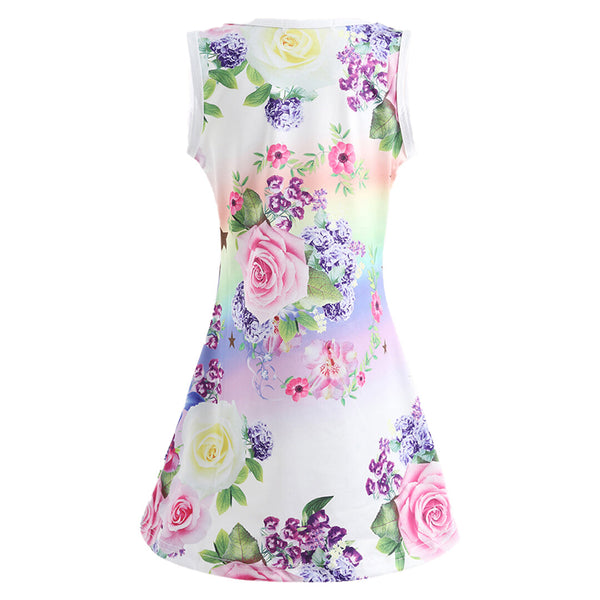 Unicorn Flora Print Sleeveless Girls Dress - Light Purple 10-11 Y