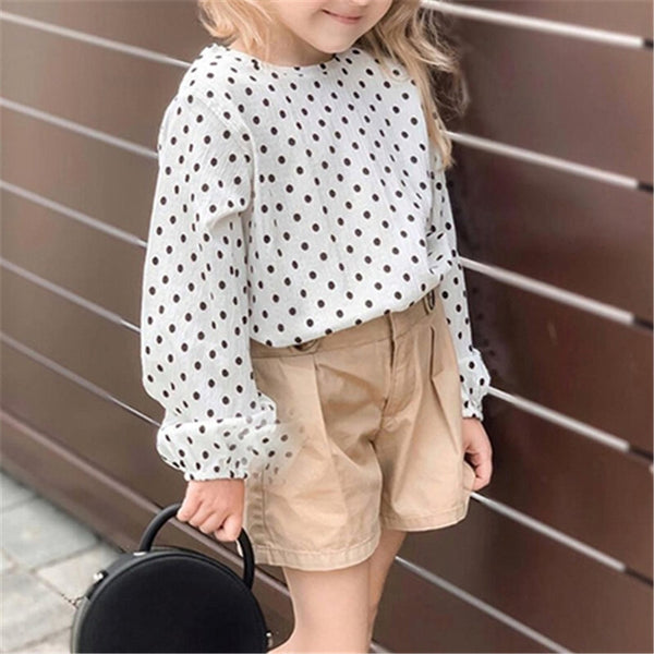 Girls Sets Polka Dot Long Sleeve Tops With Short Pants Kids Suit - White 5