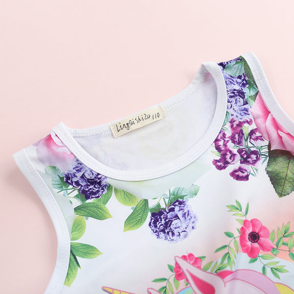 Unicorn Flora Print Sleeveless Girls Dress - Light Purple 10-11 Y