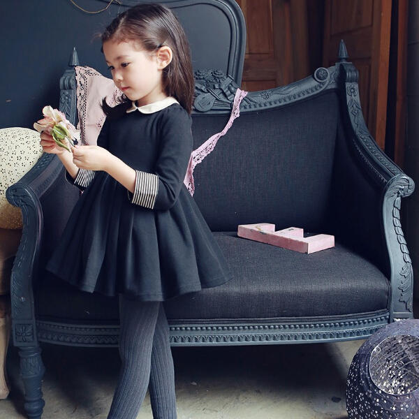 Girls Classic Style Long Sleeve Thick Winter Dress Kids Clothing - Black 130
