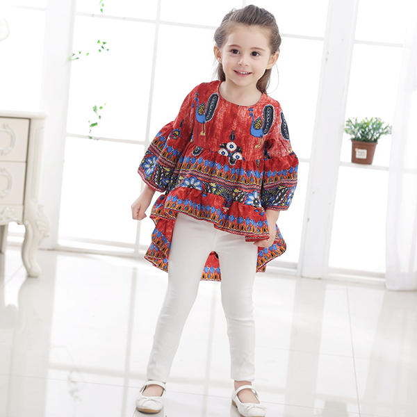 Kid Girls Peacock Printed Round Neck Bell-Sleeve Tops - Red 140