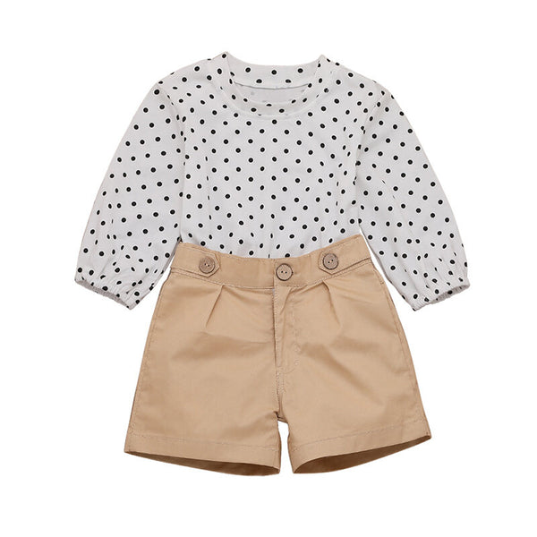Girls Sets Polka Dot Long Sleeve Tops With Short Pants Kids Suit - White 5