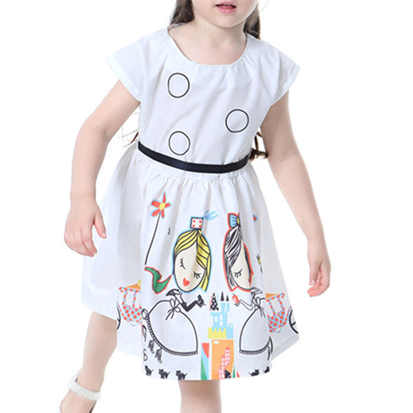 Kid Girls Short Sleeve Cartoon Character Printed Dress - White 110