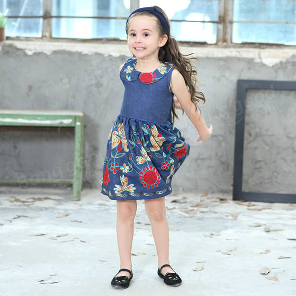 Baby Kid Girls Floral Embroidered Sleeveless Denim Dress - Blue 130