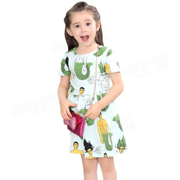 Kid Girls Short Sleeve Cartoon Mermaid Printed Dress - Green 110