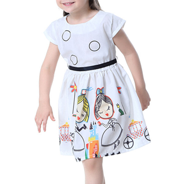 Kid Girls Short Sleeve Cartoon Character Printed Dress - White 110