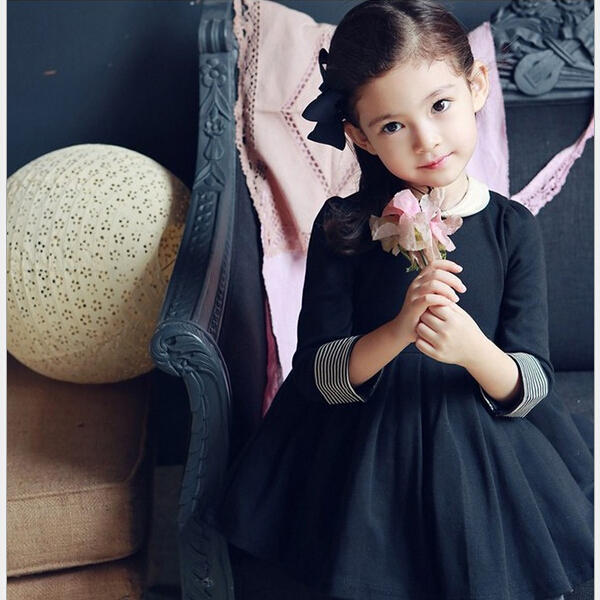 Girls Classic Style Long Sleeve Thick Winter Dress Kids Clothing - Black 130