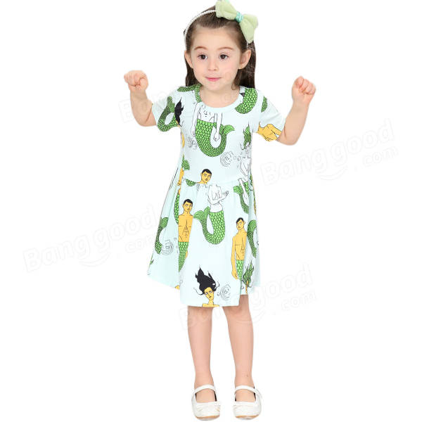 Kid Girls Short Sleeve Cartoon Mermaid Printed Dress - Green 110