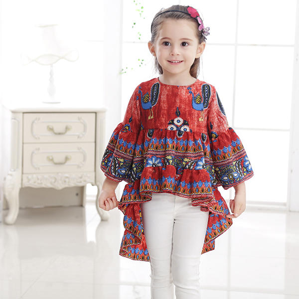 Kid Girls Peacock Printed Round Neck Bell-Sleeve Tops - Red 140