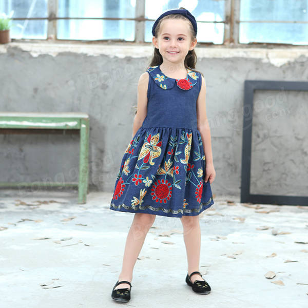 Baby Kid Girls Floral Embroidered Sleeveless Denim Dress - Blue 130