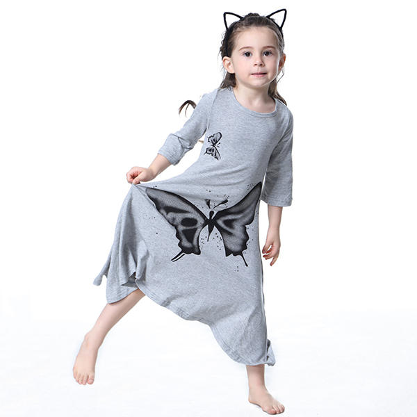 Kid Girls Butterfly Printed Long Sleeve Dress - Pink 110