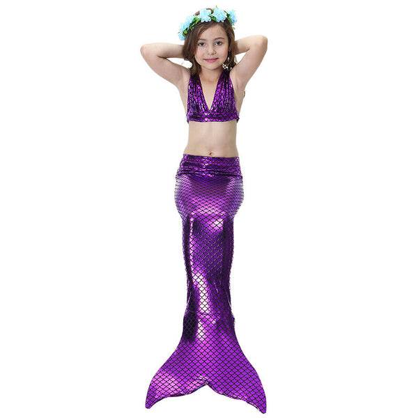 Kids Mermaid Tail Three-Piece Set Girls Swimwear Lace-up Bikini