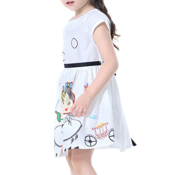 Kid Girls Short Sleeve Cartoon Character Printed Dress - White 110