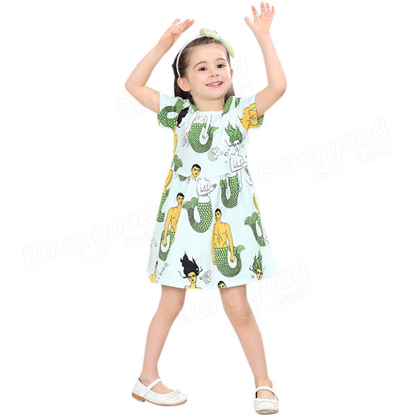 Kid Girls Short Sleeve Cartoon Mermaid Printed Dress - Green 110
