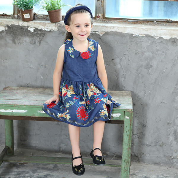Baby Kid Girls Floral Embroidered Sleeveless Denim Dress - Blue 130