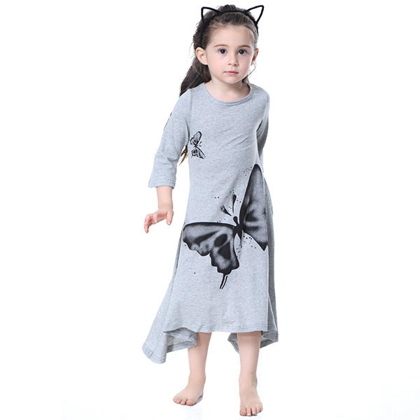 Kid Girls Butterfly Printed Long Sleeve Dress - Pink 110