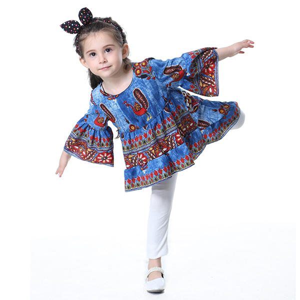 Kid Girls Peacock Printed Round Neck Bell-Sleeve Tops - Red 140
