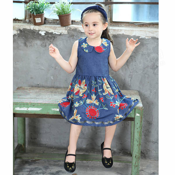 Baby Kid Girls Floral Embroidered Sleeveless Denim Dress - Blue 130