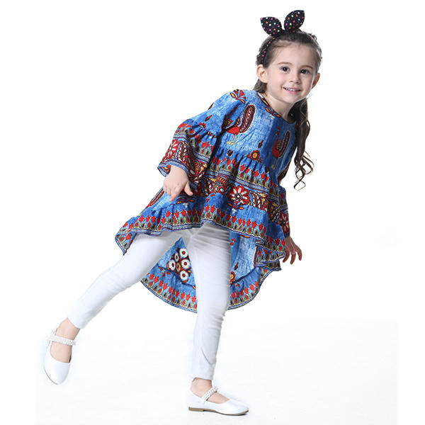 Kid Girls Peacock Printed Round Neck Bell-Sleeve Tops - Red 140