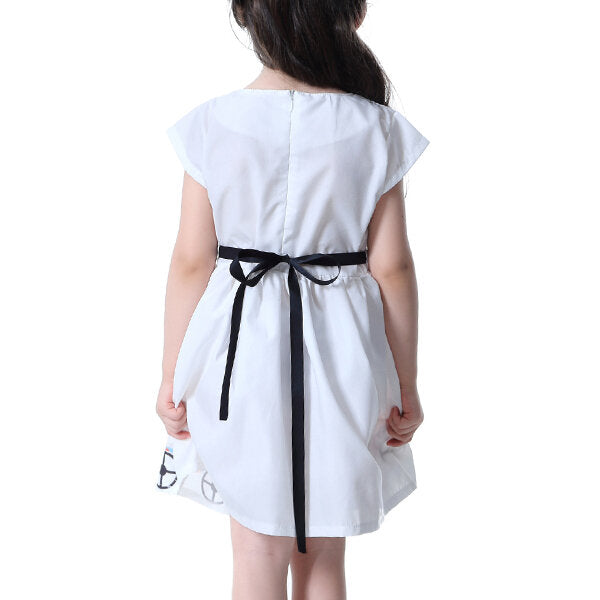 Kid Girls Short Sleeve Cartoon Character Printed Dress - White 110