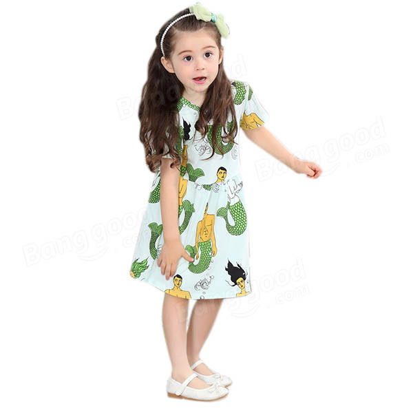 Kid Girls Short Sleeve Cartoon Mermaid Printed Dress - Green 110