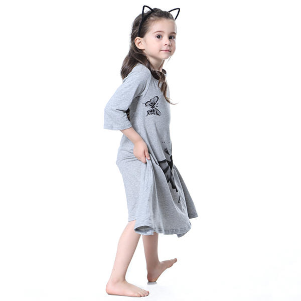 Kid Girls Butterfly Printed Long Sleeve Dress - Pink 110