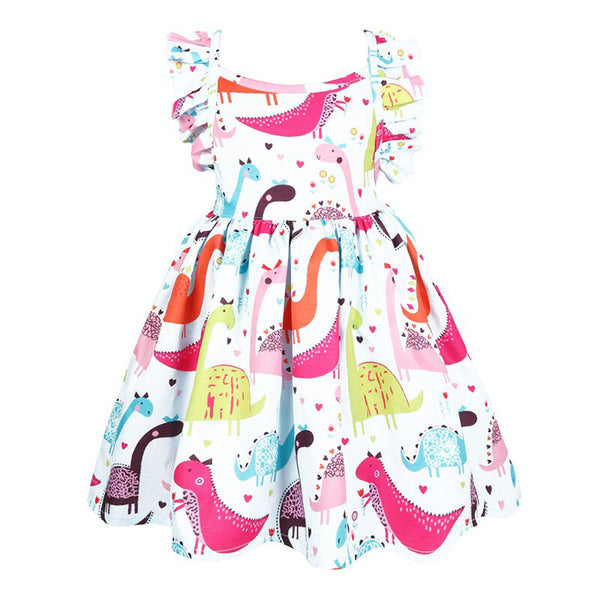 Summer Clothing Cartoon Dinosaur Printed Cotton Sleeveless Girls Dress - White 4-5 Y