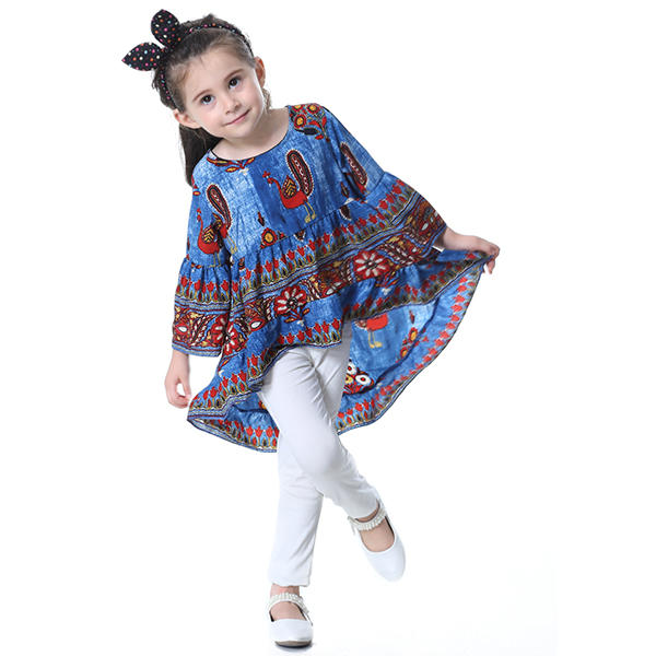 Kid Girls Peacock Printed Round Neck Bell-Sleeve Tops - Red 140