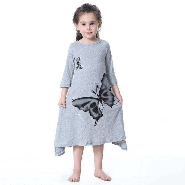 Kid Girls Butterfly Printed Long Sleeve Dress - Pink 110